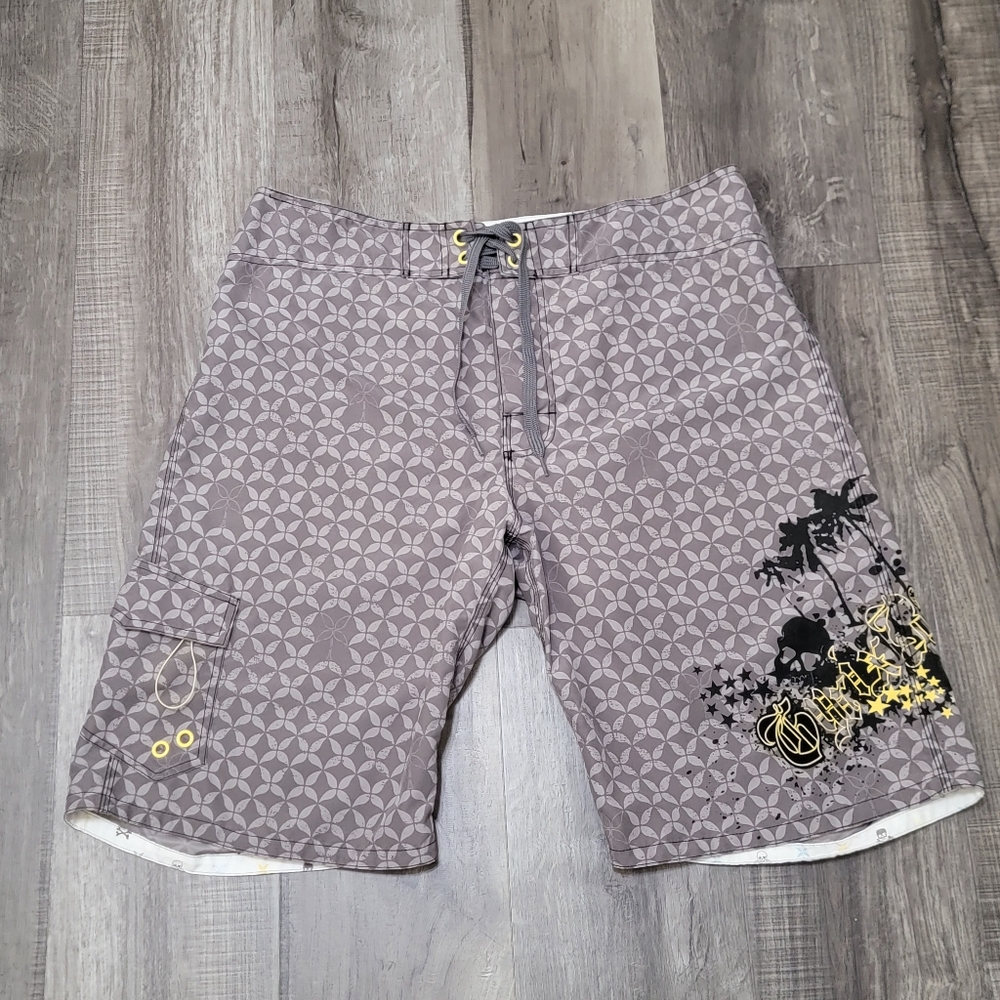 H&M Gray Patterned Swim Trunks with Geometric And Skull Print